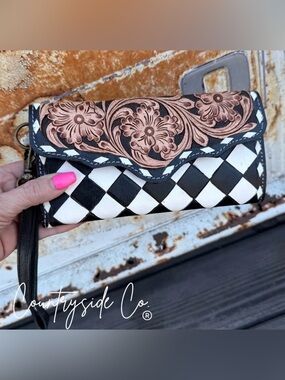 Black & White Woven Clutch with Floral Tooled Trim